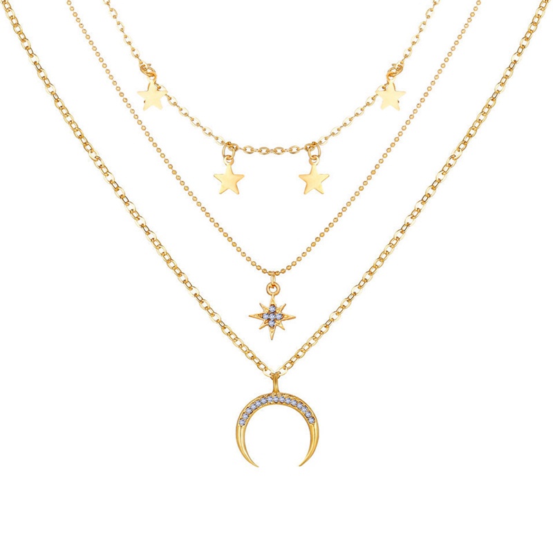 Handmade Set Kalung Rantai Multilayer Adjustable Dengan Liontin Bulan Bintang Lapis Emas