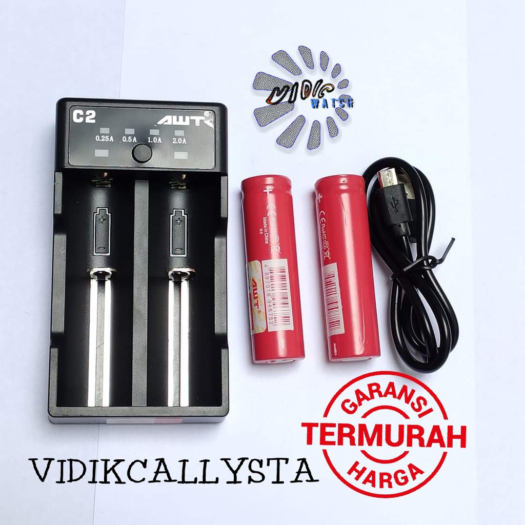 PAKET CHARGER DAN 2 BATTERY AWT AUTHENTIC AWT VAPE 18650 2 SLOT