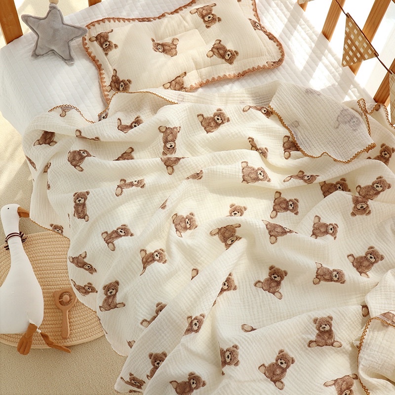 Teddy bear muslin stitch blanket /Lenuna Pure cotton blanket / selimut bayi