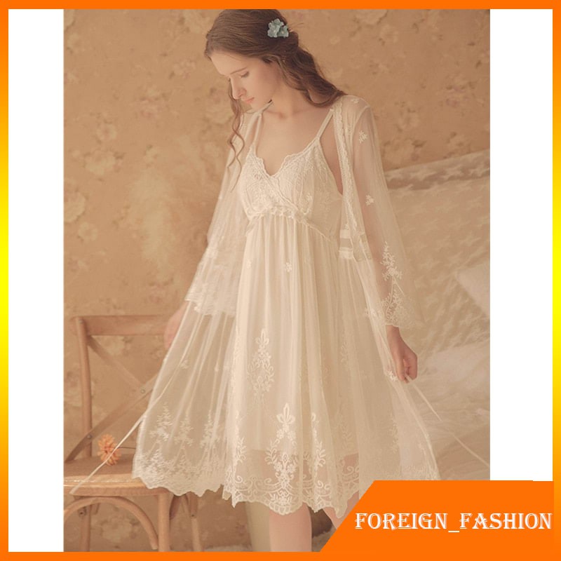 Baju Tidur Wanita Sexy 2020 Vintage Victorian 2 Pieces Sleepwear Robe Gown Set Retro Women Home