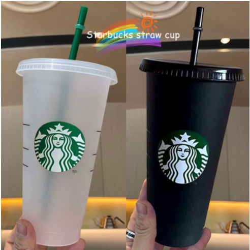 Starbucks Gelas Botol Minum Plastik Hitam / Transparan yang Dapat Digunakan Kembali dengan Tutup Jer
