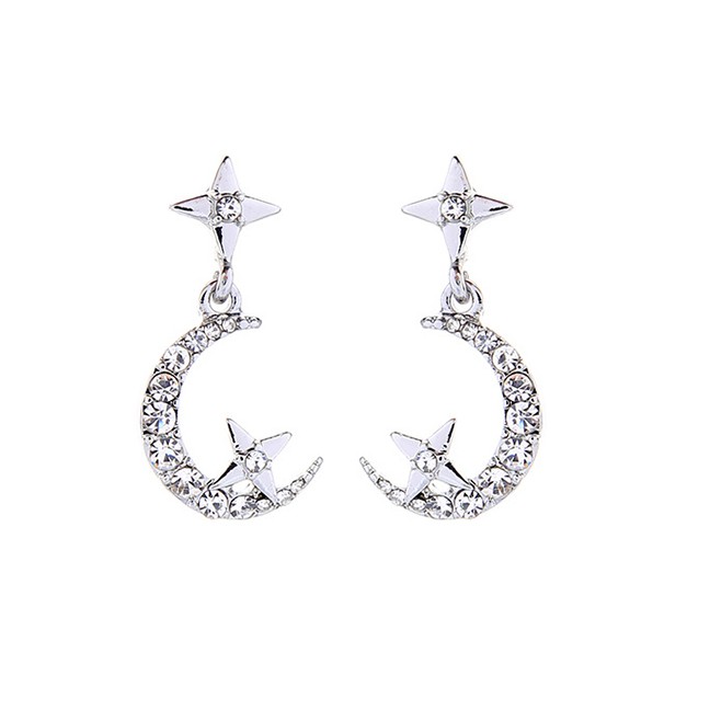 LRC Anting Tusuk Fashion Silver Diamond Star Moon Stud Earrings D82036