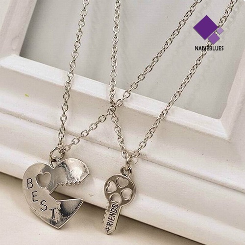 Naiveblue 2Pcs / Set Kalung Rantai Dengan Liontin Hati + Kunci Motif Ukir Tulisan Best Friend Untuk Wanita