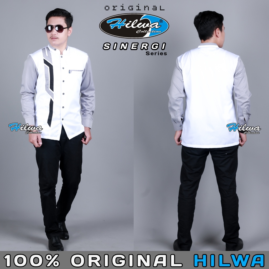 [BEST SELLER] HILWA COLLECTION Baju Koko Pria Dewasa Lengan Panjang Motif Sinergi Warna Putih Abu Bahan Katun Toyobo Original