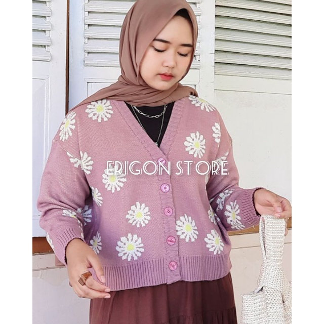 KARDIGAN RAJUT MOTIF BUNGA CROP OVERSIZE