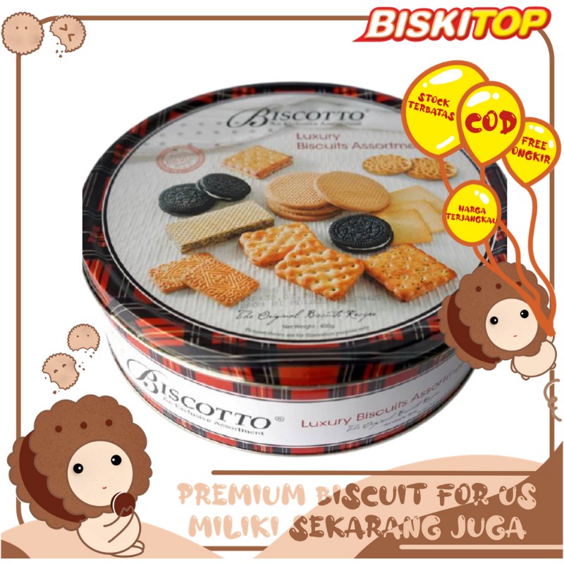 

BISKITOP - Biskitop Kaleng Luxury Bulatl 400Gr Assorted Cocok Dimakan Bersama keluarga Dan teman