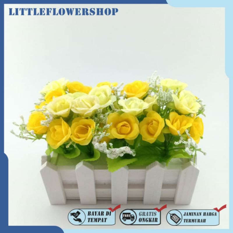 BUNGA PAGAR PUTIH VAS KAYU BENTUK PAGAR BUNGA MEJA BUNGA HIAS BUNGA PLASTIK BP8822-Kuning