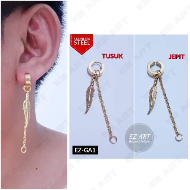 1Pc Model EZ-GA Gold Emas Anting Pria dan Wanita Jepit Tusuk Variasi Bandul Bulu Feather KPOP Punk