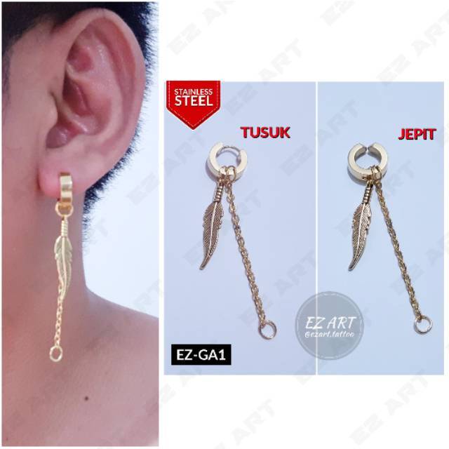 1Pc Model EZ-GA Gold Emas Anting Pria dan Wanita Jepit Tusuk Variasi Bandul Bulu Feather KPOP Punk