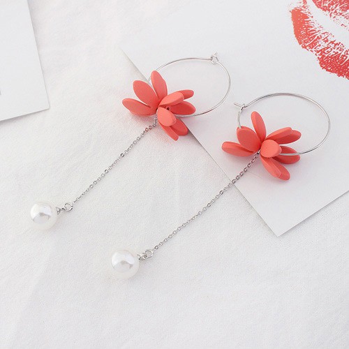 LRC Anting Hoops Fashion Flower&amp;pearls Decorated Long Earrings