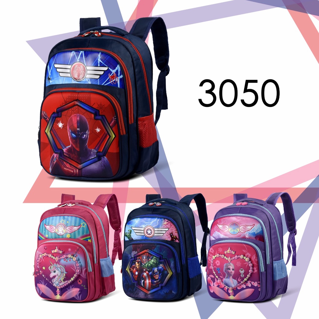 Tas Anak Cartoon 3050 Tas Sekolah Ransel Motif Captain America,Frozen,Spiderman Dan Unicorn