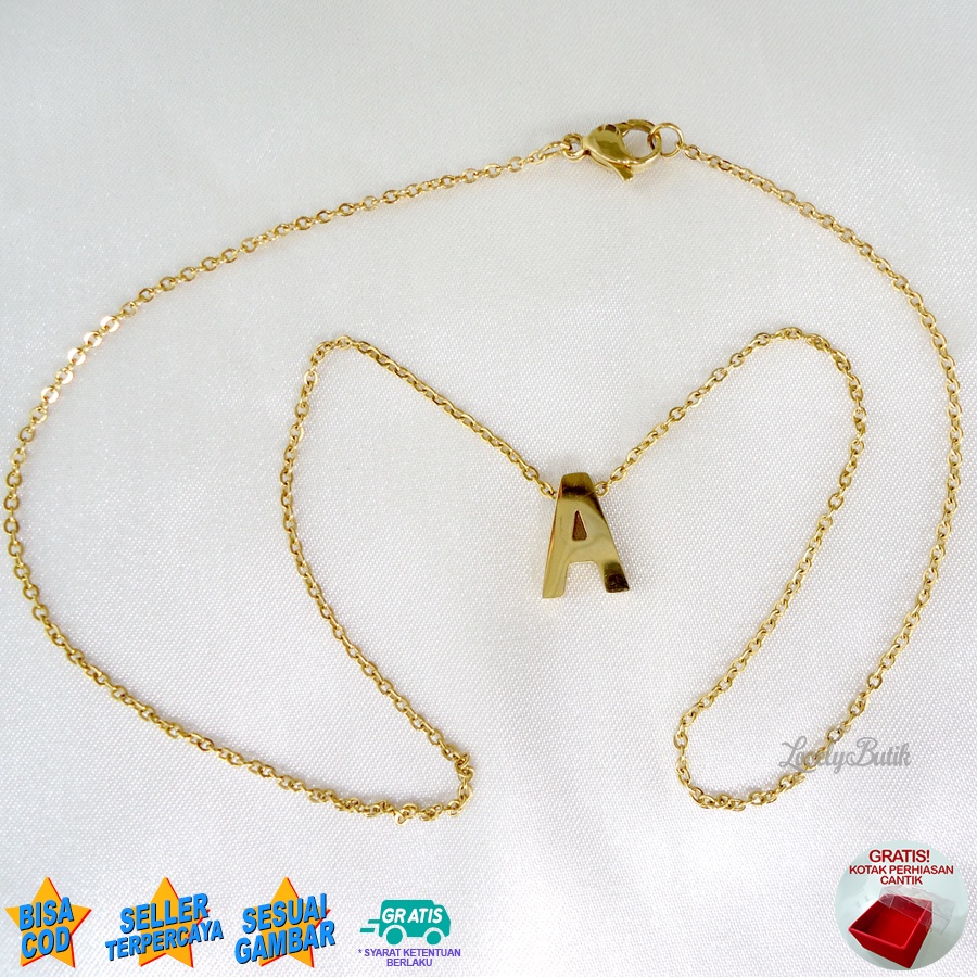 Lovelybutik Kalung Titanium Huruf Abjad Nagita 4Ccent Kalung Alfabet Inisial Huruf A-W Emas 24K Titanium Bonus Kotak Perhiasan