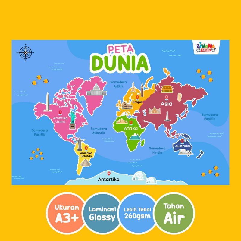 ZIVANAKIDS Poster Edukasi Anak Peta Dunia Pendidikan Anak Pengenalan Indonesia Asia Amerika Eropa