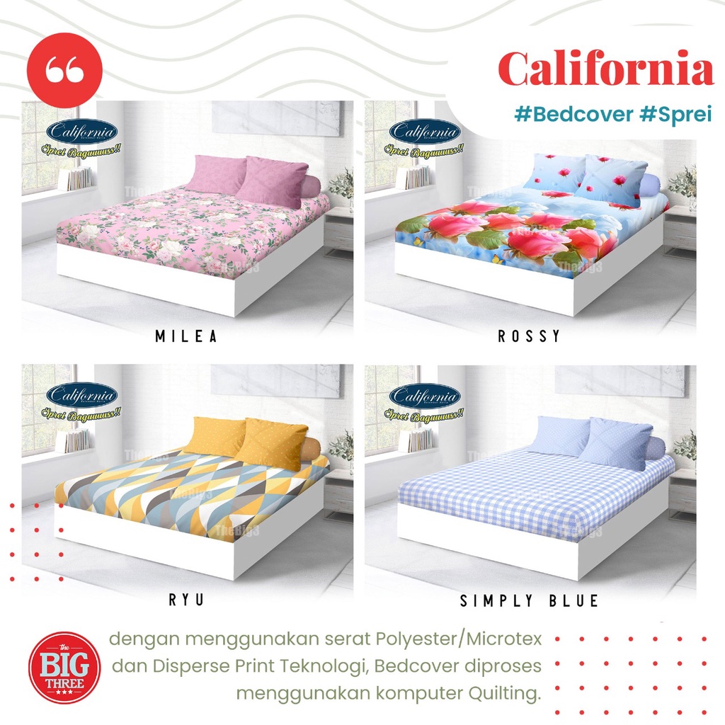 Sprei CALIFORNIA 180x200 / 160x200 motif Amore Ayara Finola Star Stripe Ziggy Millie Omera Milva Iswara Loop Mada Zuri Mosaic Myra Orly Lexxa 180 King 160 Queen SP seprai