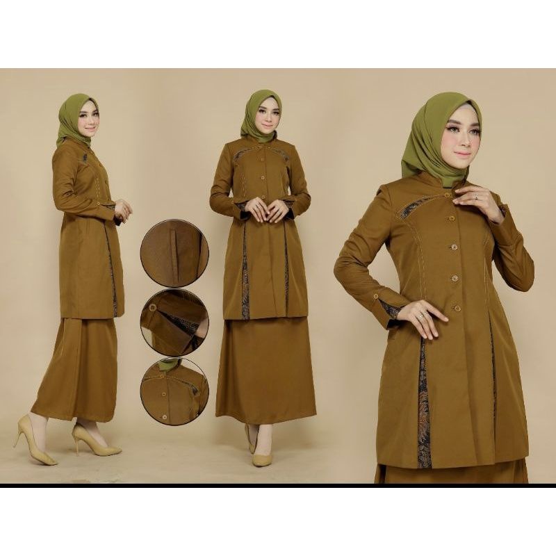 SETELAN BAJU DINAS KHAKYTUA KOMBINASI BATIK BELAH WANITA ROK A.SERAGAM KERJA TUNIK KATUN  FREE HIJAB