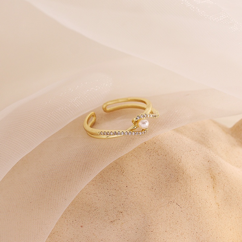 Perhiasan Cincin Berlian Zircon Mutiara Air Tawar Adjustable Gaya Korea Untuk Wanita