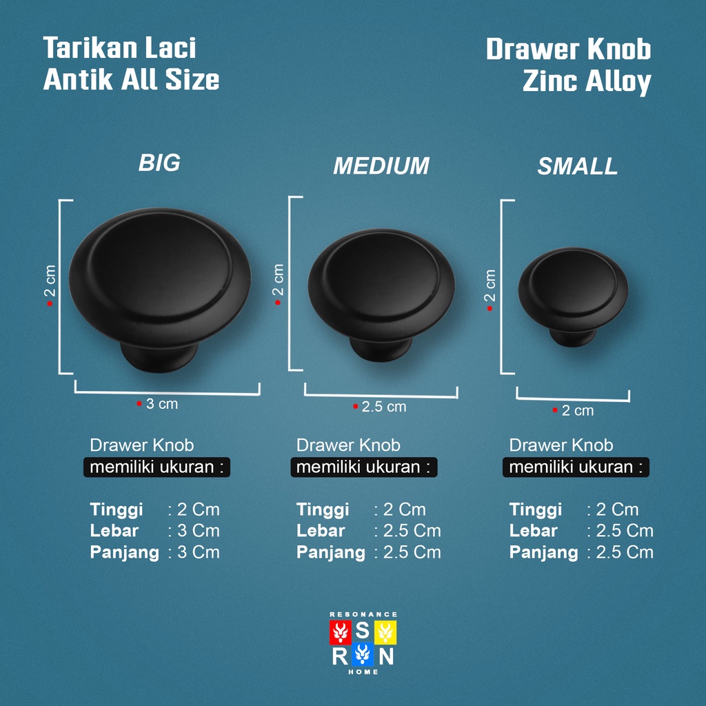 Tarikan Knop Laci / Pegangan Knob Laci Lemari Hitam / Drawer Knob Resonance Home