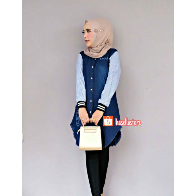 TUNIK JEANS BORDIR KOMBINASI SALUR / TUNIK LEVIS / TUNIK DENIM