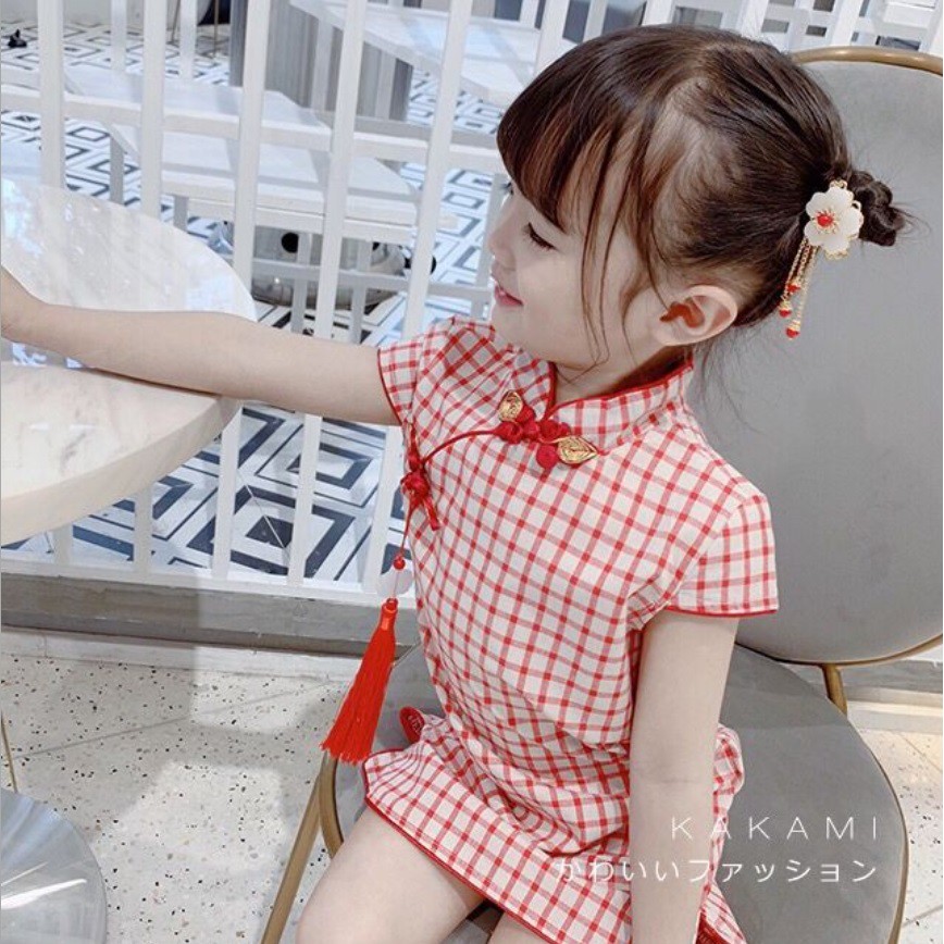 D210- Dress cheongsam anak /baju dress bayi /pakaian bayi anak cheongsam motif kotak2 cocok untuk imlek