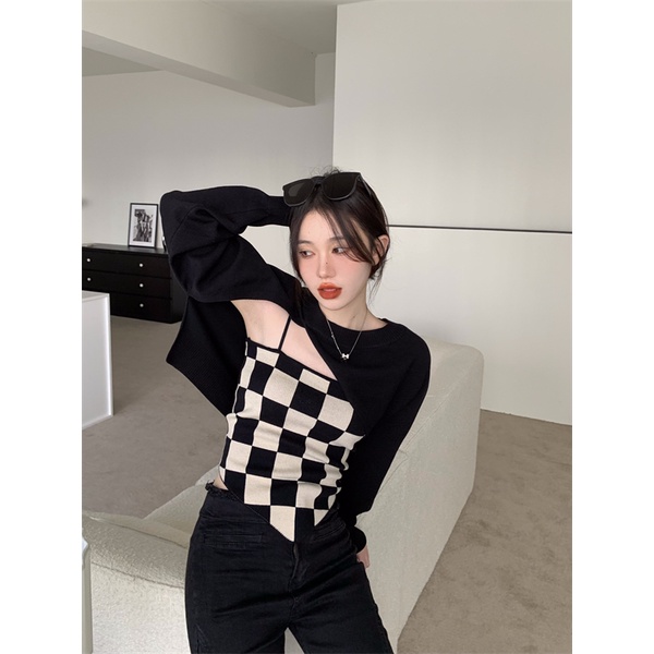 Sweater crop oversize Women's Irregular Design Sense Niche Long-sleeved Shawl Sweater Tops 2021 Autumn New Black Sweater