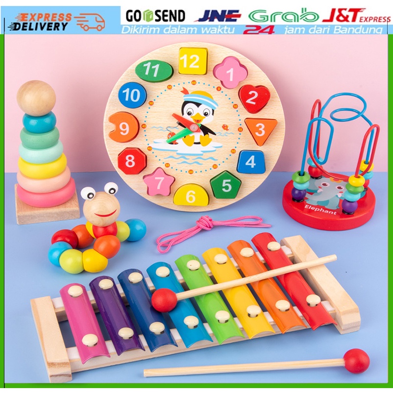 Mainan Edukasi Anak Mini Round Beads  Basic Shape Kayu Balok Geometri Puzzle 3D Montessori Sensory Xylophone Jam Angka