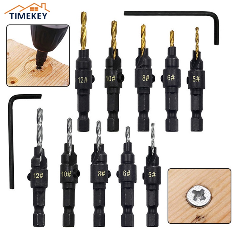 TK 4/5Pcs Wood Plug Cutter Drill Cutting Tool Drill Bit Set Drilling Pilot Holes For Screw Sizes #5 #6 #8 #10 #12 With a Wrench