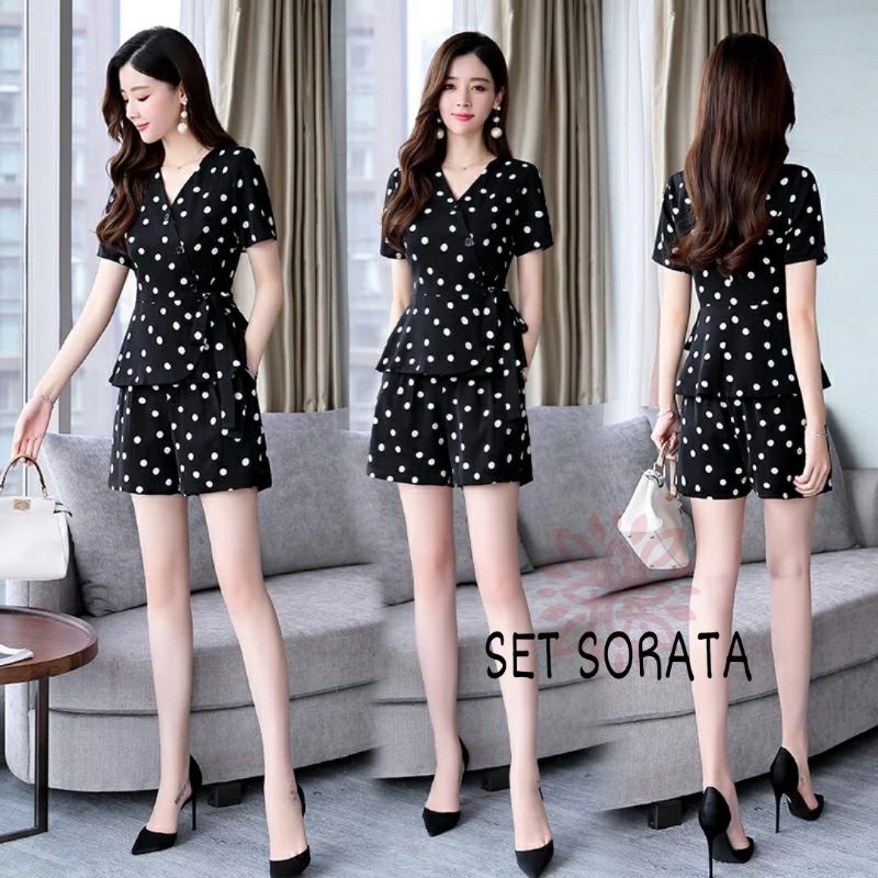 Set Sorata Polka Setelan Dress Korea Wanita Model Sabrina Casual Kondangan