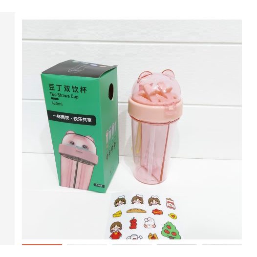 BOTOL MINUM 2 SISI KEPALA BERUANG- Botol minum 420ml 2 Sedotan - Botol Minum Dual Use  PLUS STIKER free Stiker