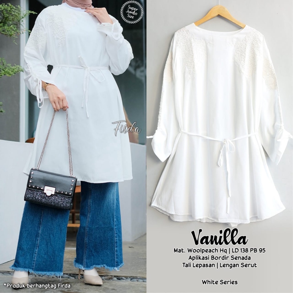 Vanilla Tunik Firda Atasan Wanita Lengan Panjang Warna Putih Jumbo Bigsize LD 130 140 XXXXL Bahan Wo