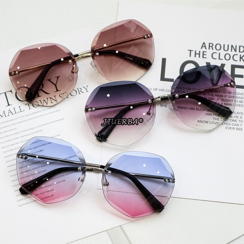 (YUZHU) Korea Fashion Tanpa Bingkai Kacamata Poligonal Wanita Oversized Frame Gradient Sunglasses