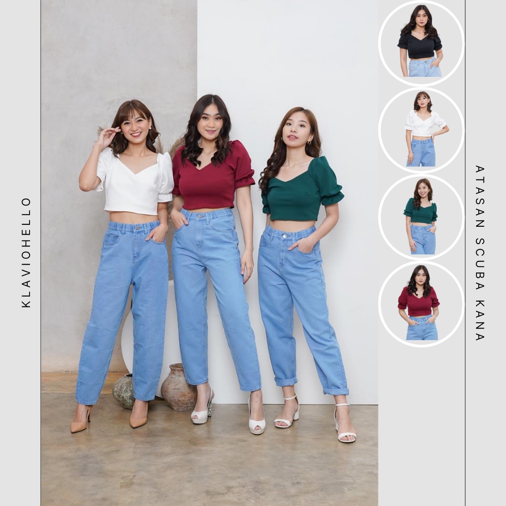 KLAVIOHELLO - BAJU CROP WANITA SCUBA LENGAN BALON KARET KANA