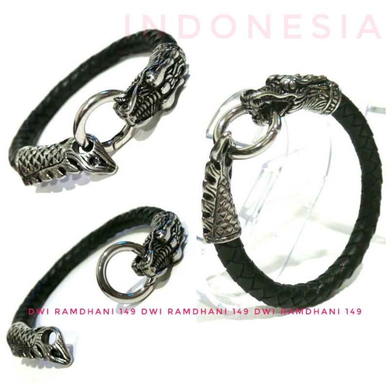 Gelang Naga Pria Titanium Tali Kulit Kepang 21 cm