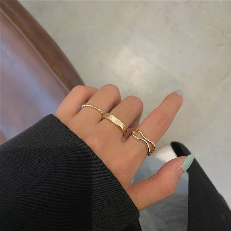 3pcs / Set Cincin Bahan Alloy Desain Ombak Gaya Simple Untuk Wanita