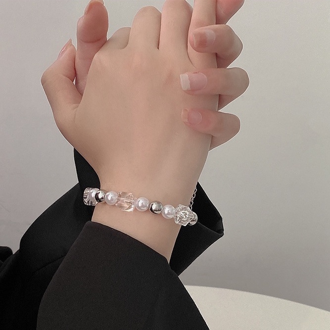 Gelang Rantai Bahan Stainless Steel Hias Kristal Mutiara Bentuk Persegi Gaya Korea Untuk Wanita