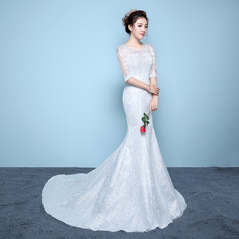 Women Simple White Lace Mermaid Wedding Dress Import Dari China Fishtail Bridal Dress Gaun