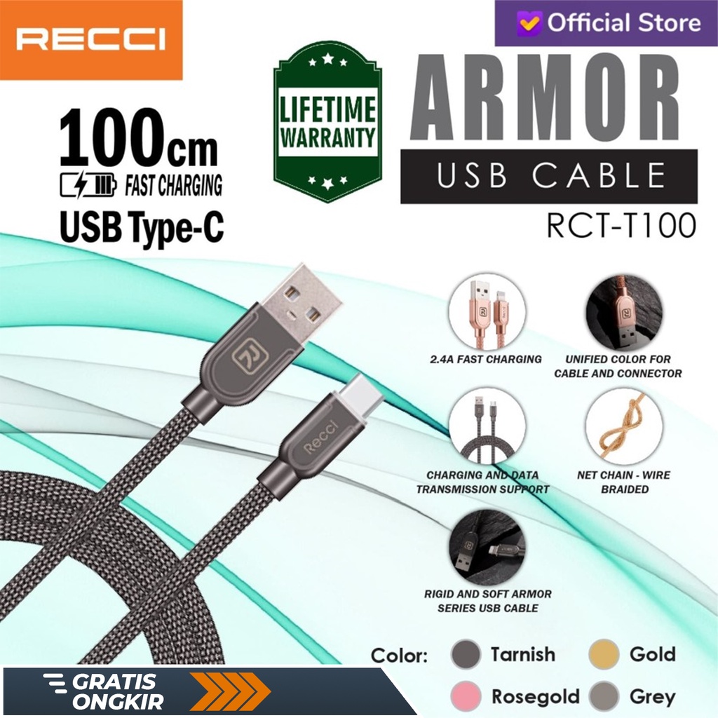 Kabel USB RECCI ARMOR Type-C 2.4A Fast Charging RCT-T100