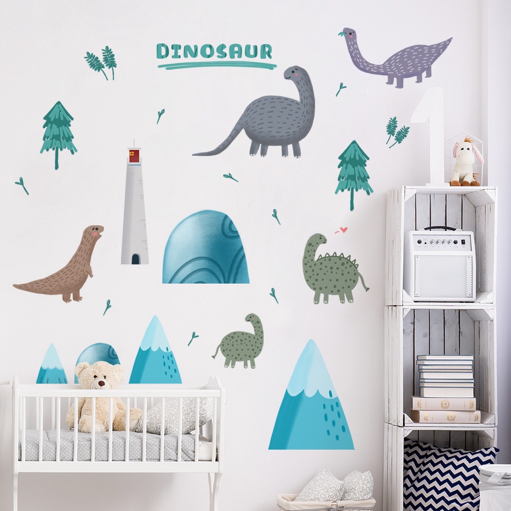 2pcs / set Stiker Dinding Motif Kartun Dinosaurus Dapat Dilepas Untuk Dekorasi Kamar Tidur Anak