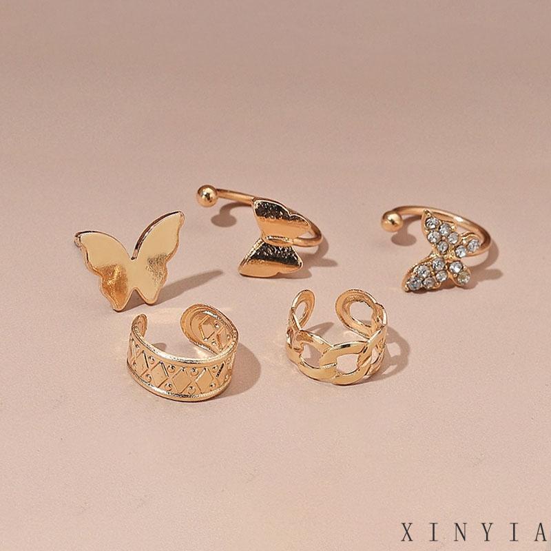 Set Anting Klip Bentuk U Desain Kupu-Kupu Aksen Berlian Untuk Aksesoris