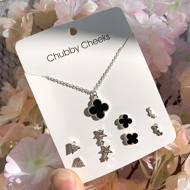 6 Pasang/4 Pasang Anting Anting Korea Dan Kalung Wanita Gaya Korea Simple Kreatif anting tusuk aksesoris-Four leaf clover