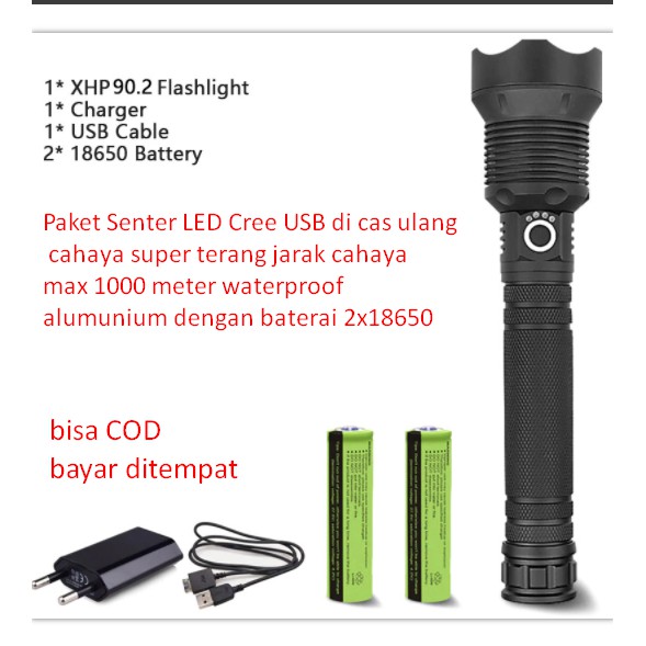 Paket Senter LED Cree USB di cas ulang cahaya super terang jarak cahaya max 1000 meter waterproof al