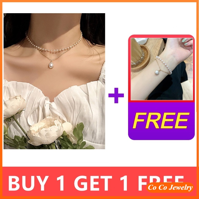 【Buy 1 Get 1 Free】Korean Double Pearl Pendant Necklace Bracelet Women's Fashion Jewelry Accessories Gifts
