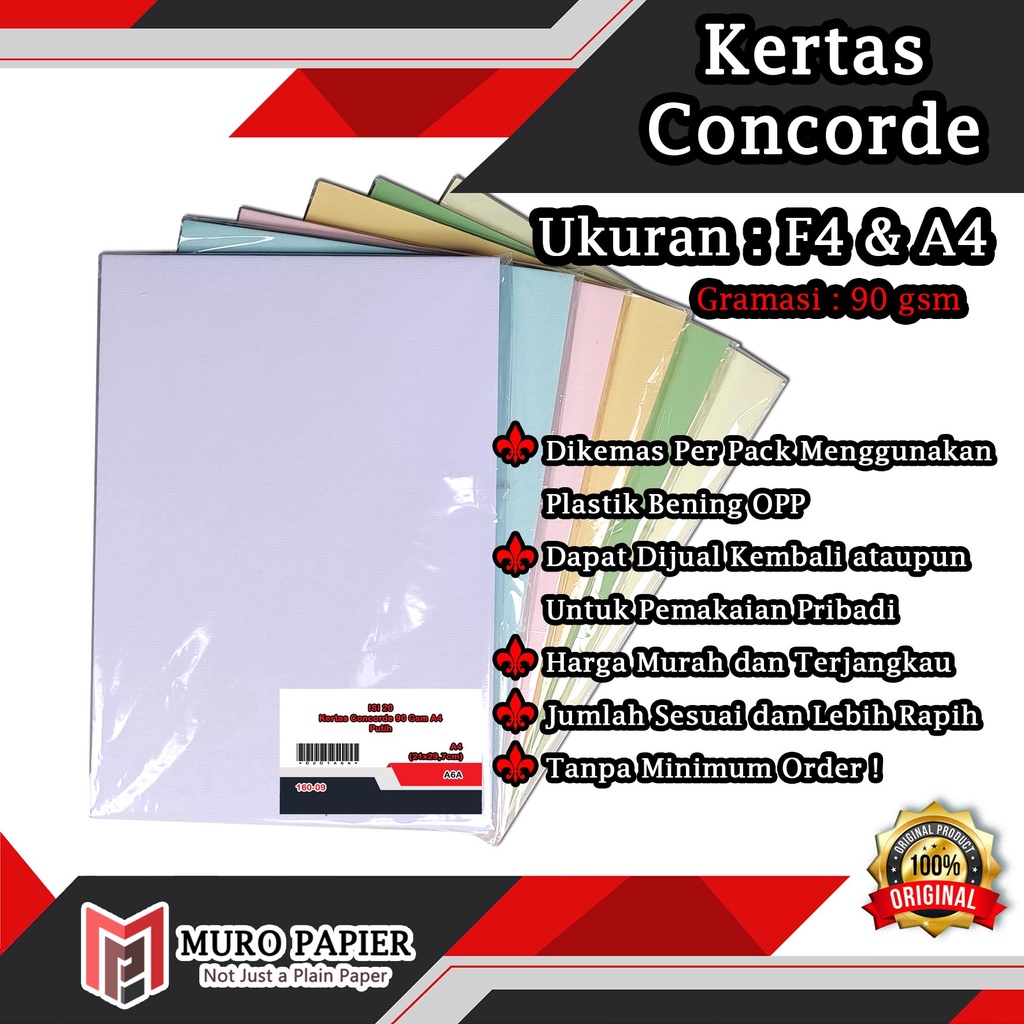 

( PER PAK - ISI 20 ) Kertas Concorde 90 gsm F4 A4 - by Muro Papier