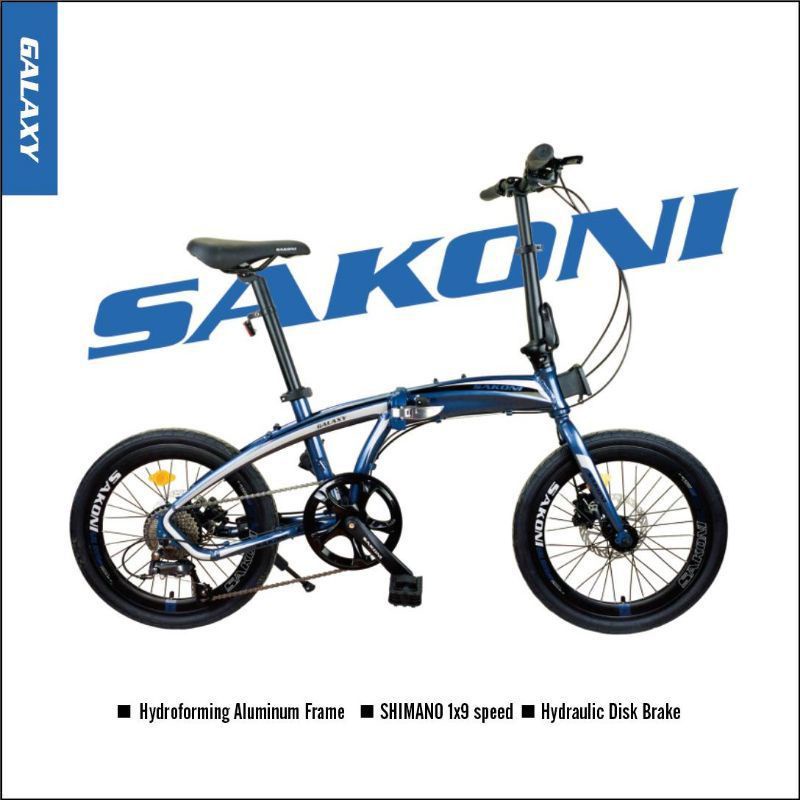 Sepeda Lipat 20 Sakoni Galaxy 3.0 Alumunium Velg Tinggi Cakram 1x9 Speed Rem Hydraulic