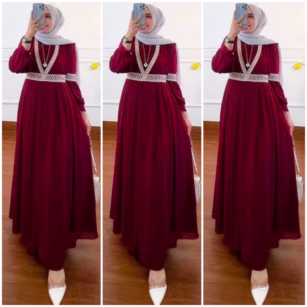 salsabila maxi ceruty bebydoll renda impor/gamis syarii ceruty bebydoll swarosky import terbaru