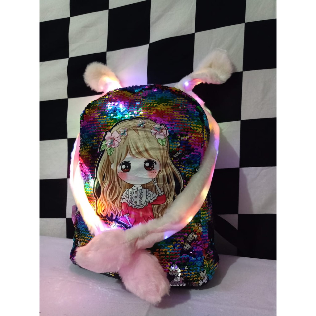  TAS  Ransel Bunny head LED  TAS  ANAK SEQUIN USAP  KUPING 