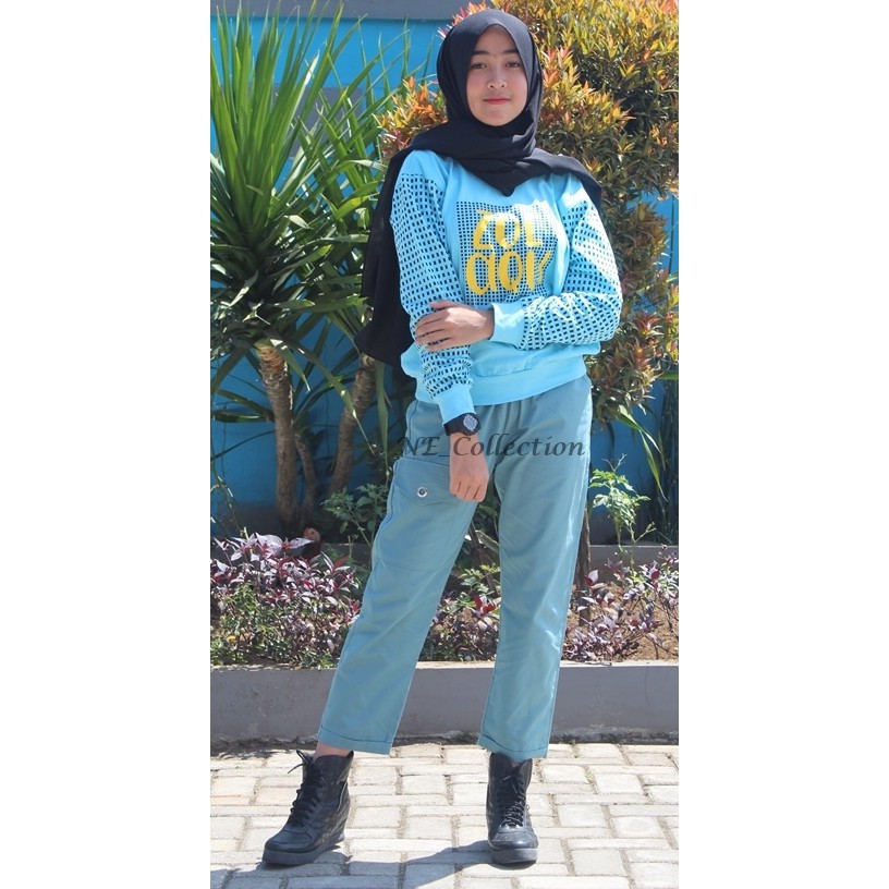 Pantaloni Cargo Wanita Celana Panjang Slim Fit Trendy Warna Biru Wardah