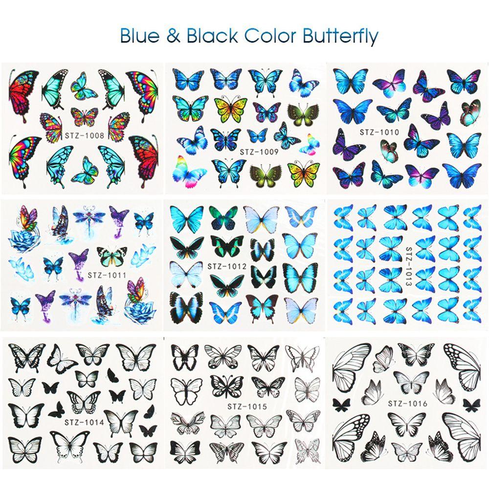 Stiker Kuku Motif Kupu-Kupu Warna Biru / Hitam Untuk Wanita Butterfly