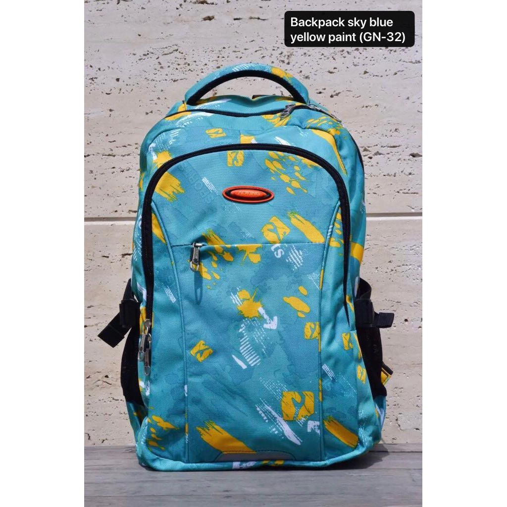 

Backpack sky blue yellow paint