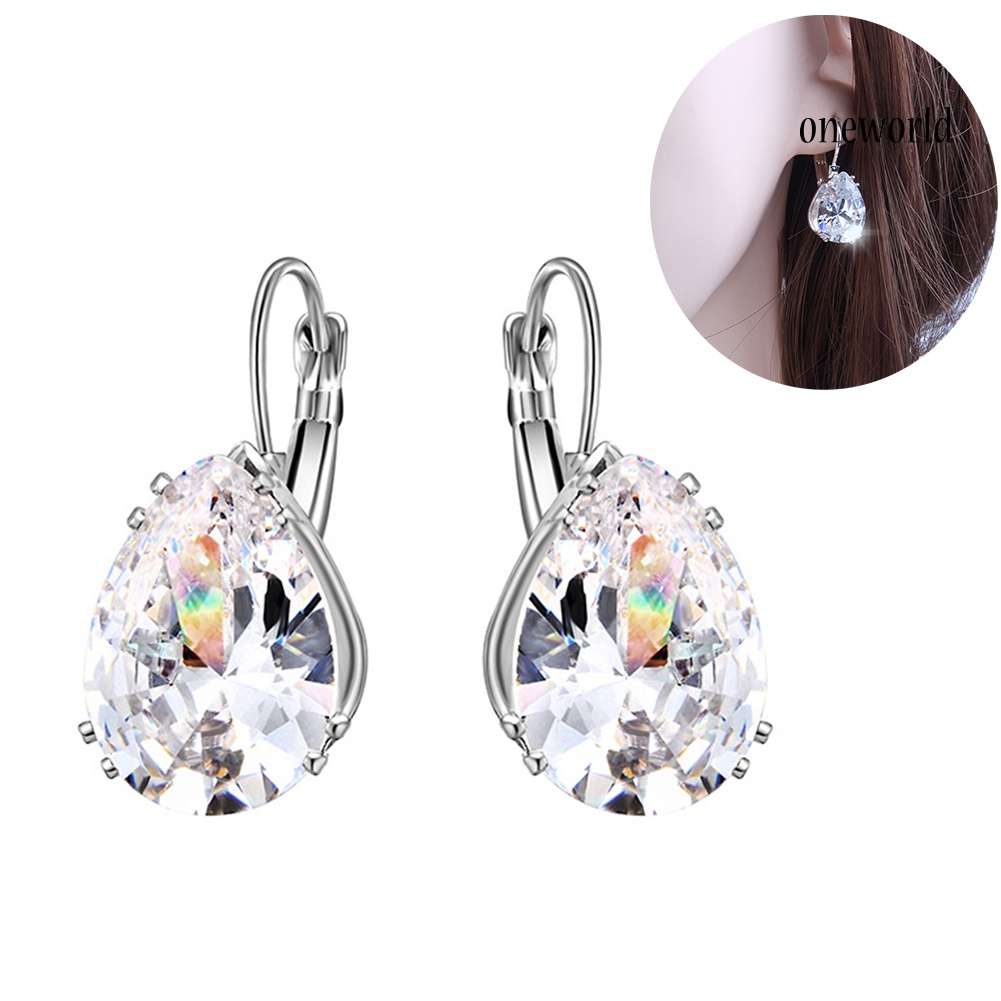 OW@ Women Teardrop Cubic Zirconia Inlaid Dangle Leverback Earrings Jewelry Gift