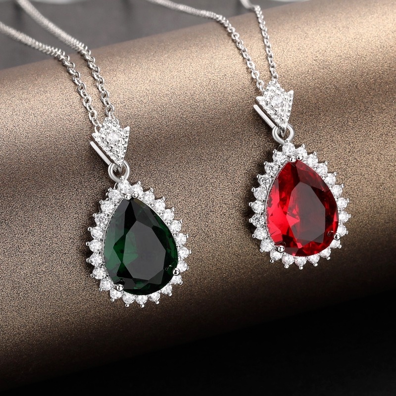 [Ready Stock]Fashion Inlaid Color Ruby Necklace Simple All-Match Emerald Water Drop Pendant